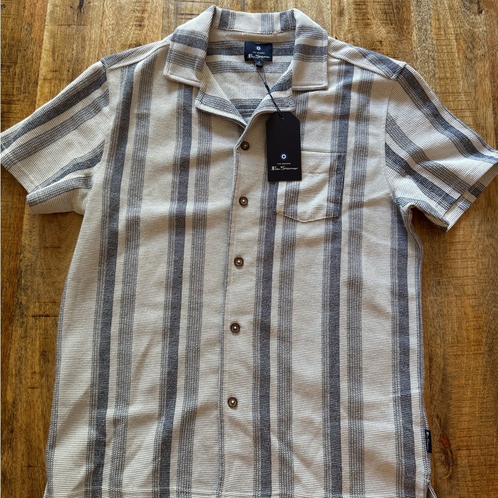 Ben Sherman Beige and Blue gray Striped cotton blend Button Down Shirt men’s
